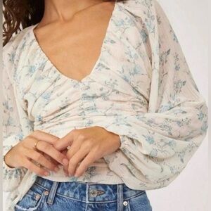 Free People Final Rose Blouse Cream and Blue NWT